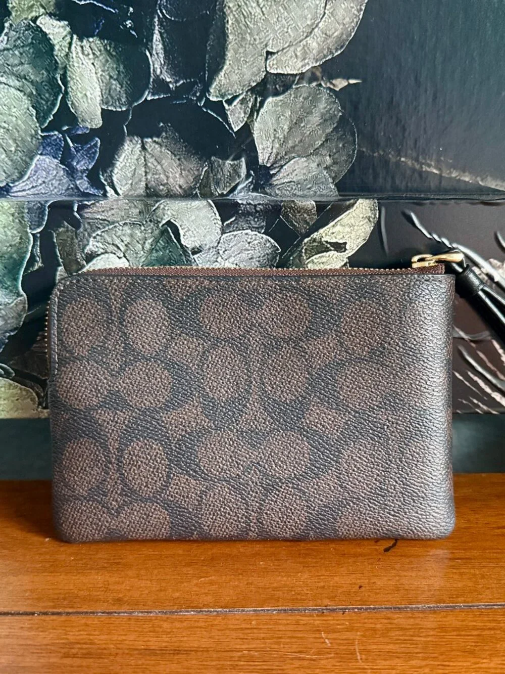 NEW Coach Dark Brown Corner Zip Wristlet with Gold Logo
